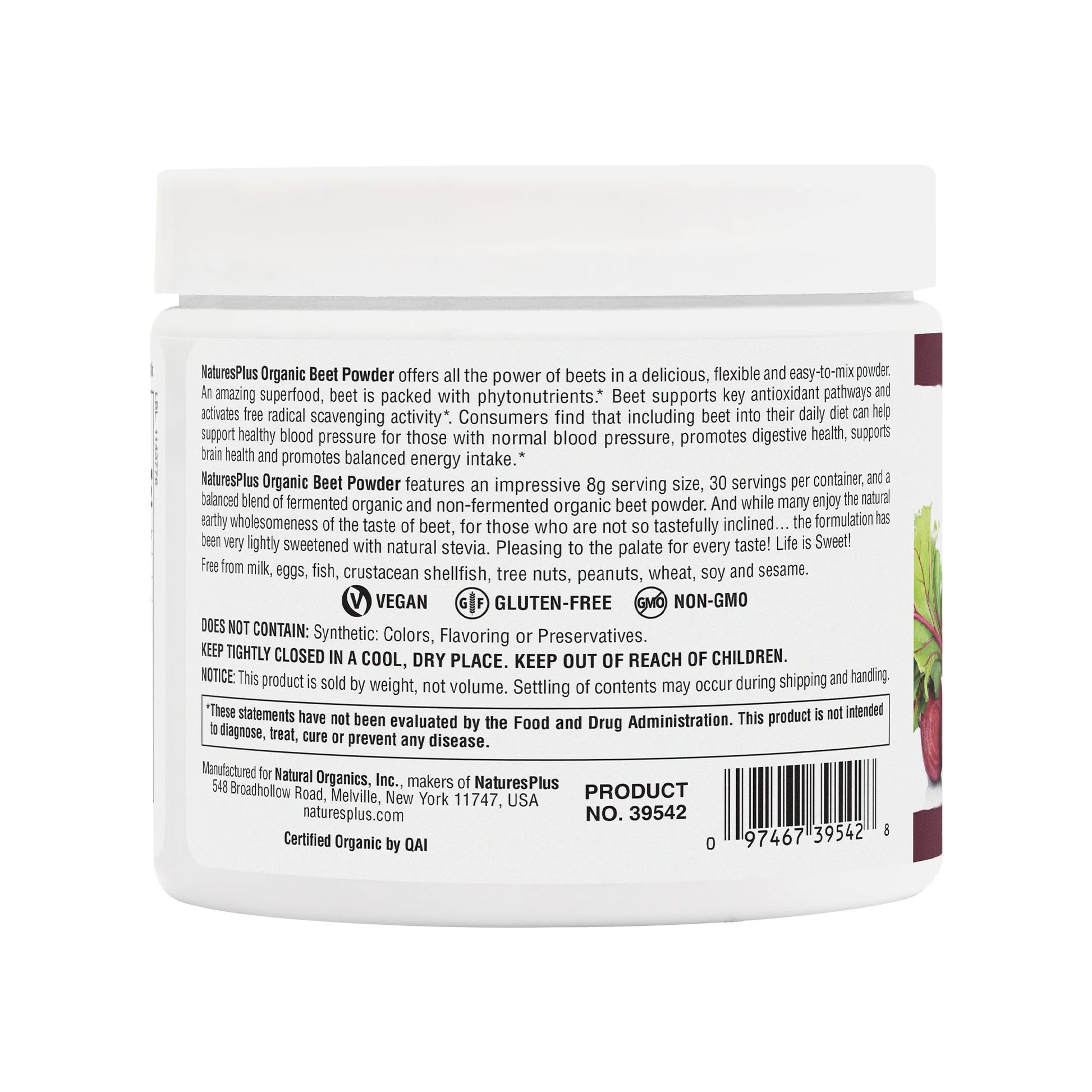 Nature's Plus, Organic Beet Powder, 0.53 lbs (240g) UPC 097467395428 | Hilife Vitamins