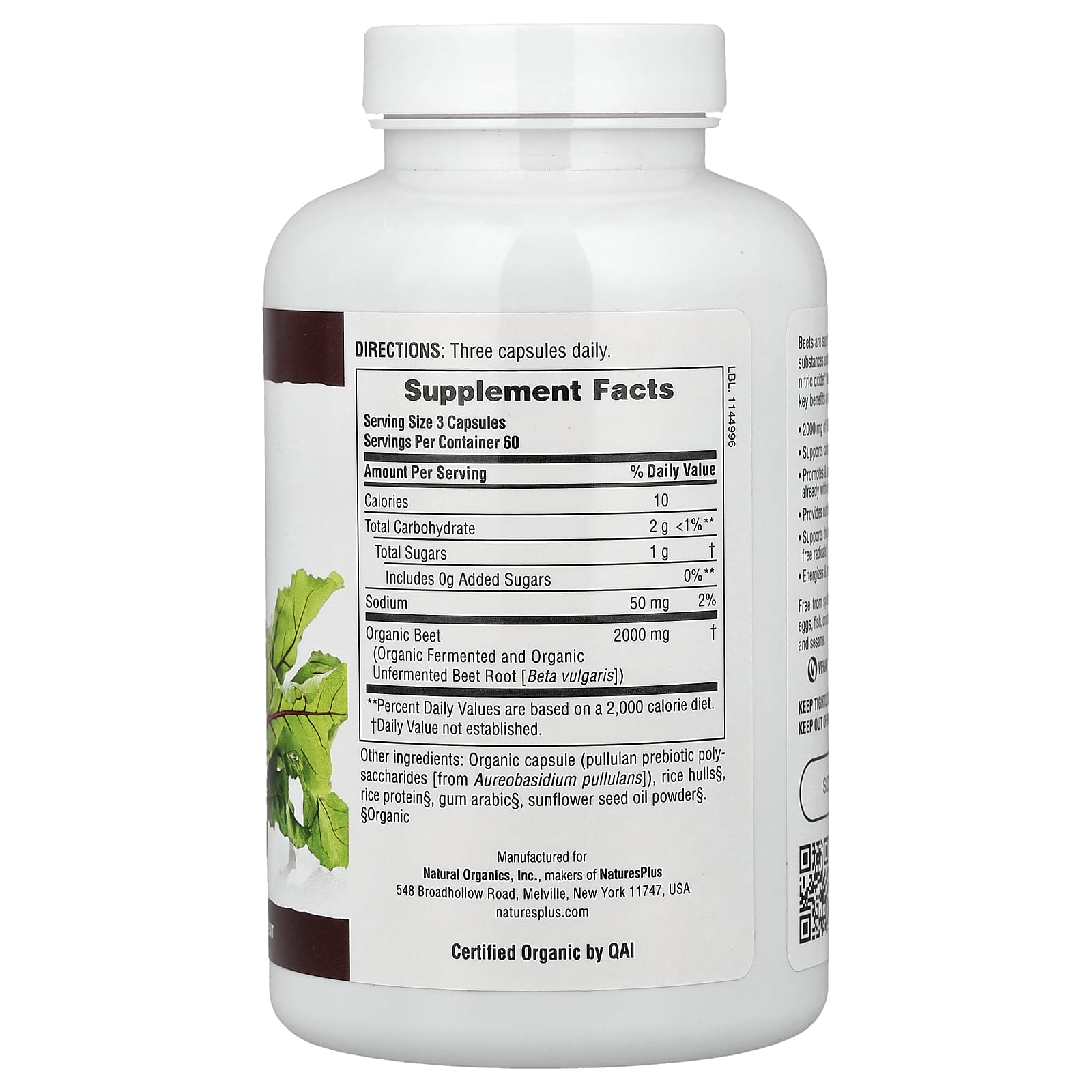 Nature's Plus, Organic Beet, 180 Capsules UPC 097467395435 | Hilife Vitamins