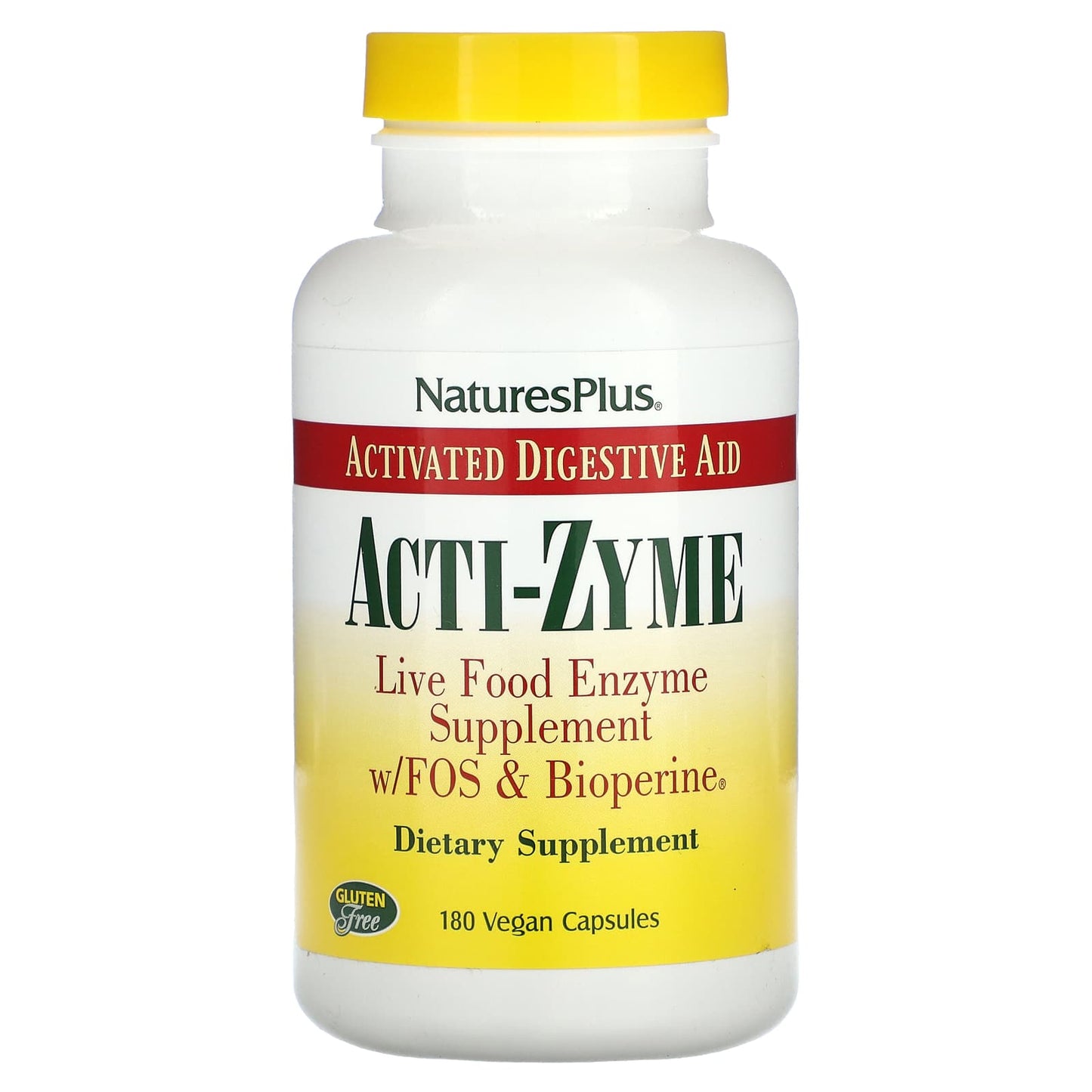 Nature's Plus, Acti-Zyme, Acitvated Digestion Aid, 180 Vegan Capsules UPC 097467445413 | Hilife Vitamins