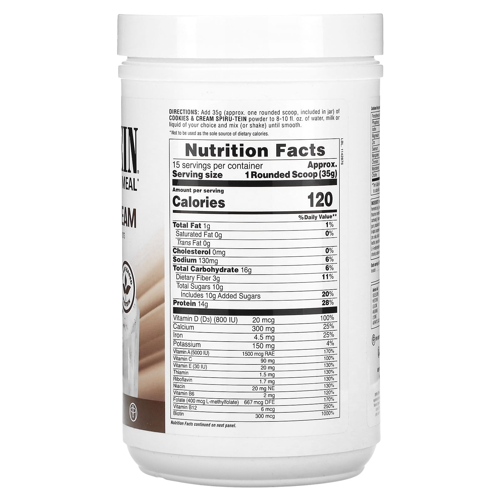 Nature's Plus, Spiru-Tein, Protein Powder Meal, Cookies & Cream, 1.15 Lbs (525g) Powder Mix UPC 097467458871