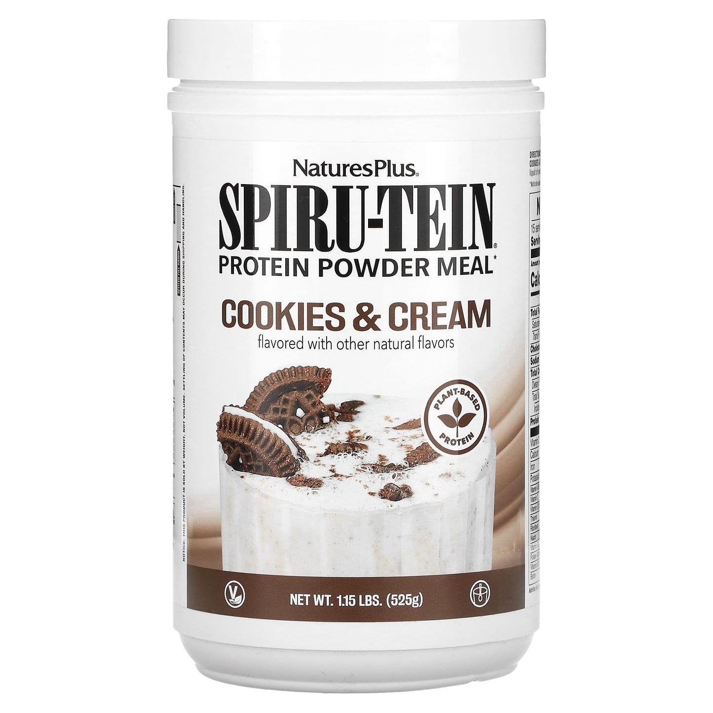 Nature's Plus, Spiru-Tein, Protein Powder Meal, Cookies & Cream, 1.15 Lbs (525g) Powder Mix UPC 097467458871