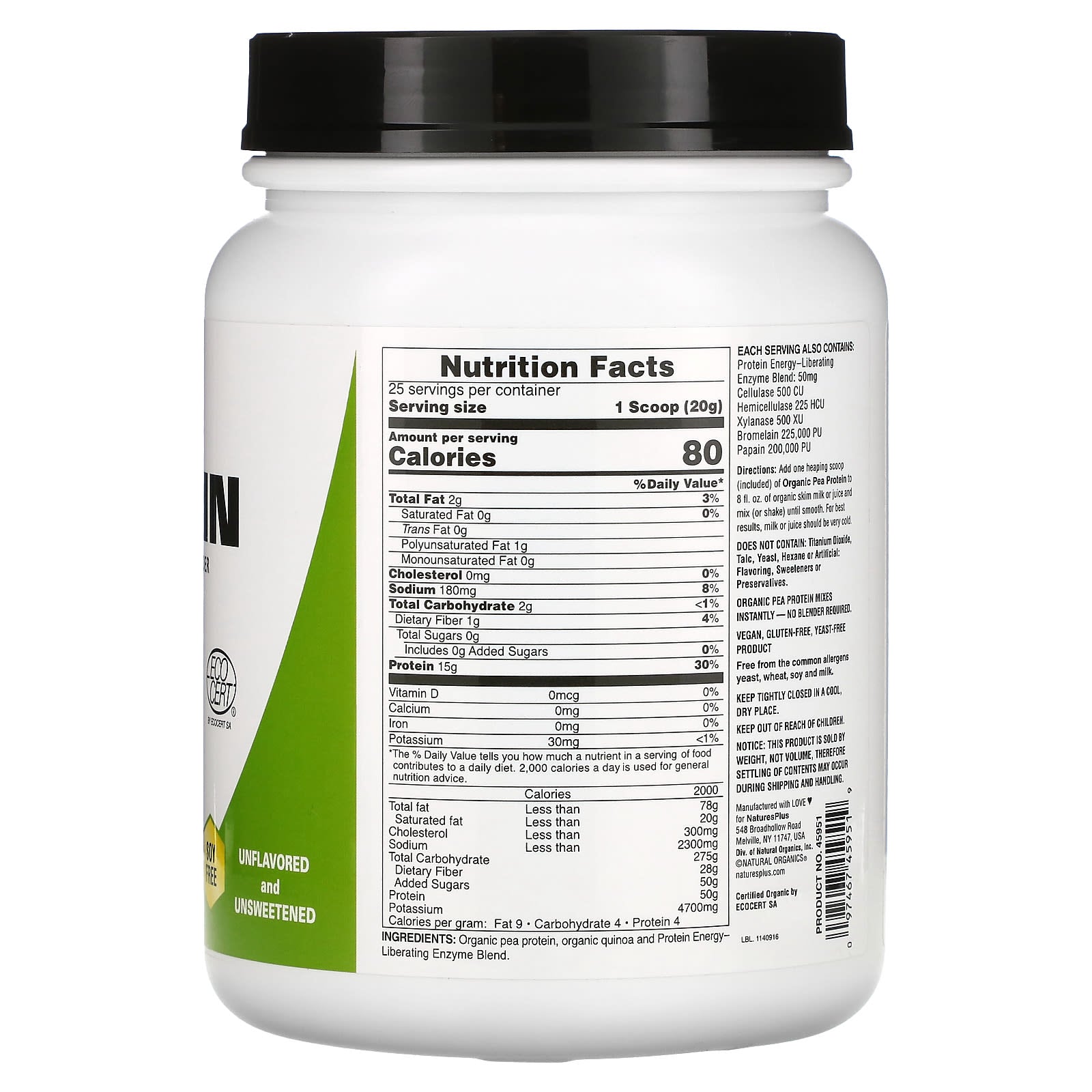 Nature's Plus, Organic Pea Protein Powder, 1.1 Lb UPC 097467459519 | Hilife Vitamins