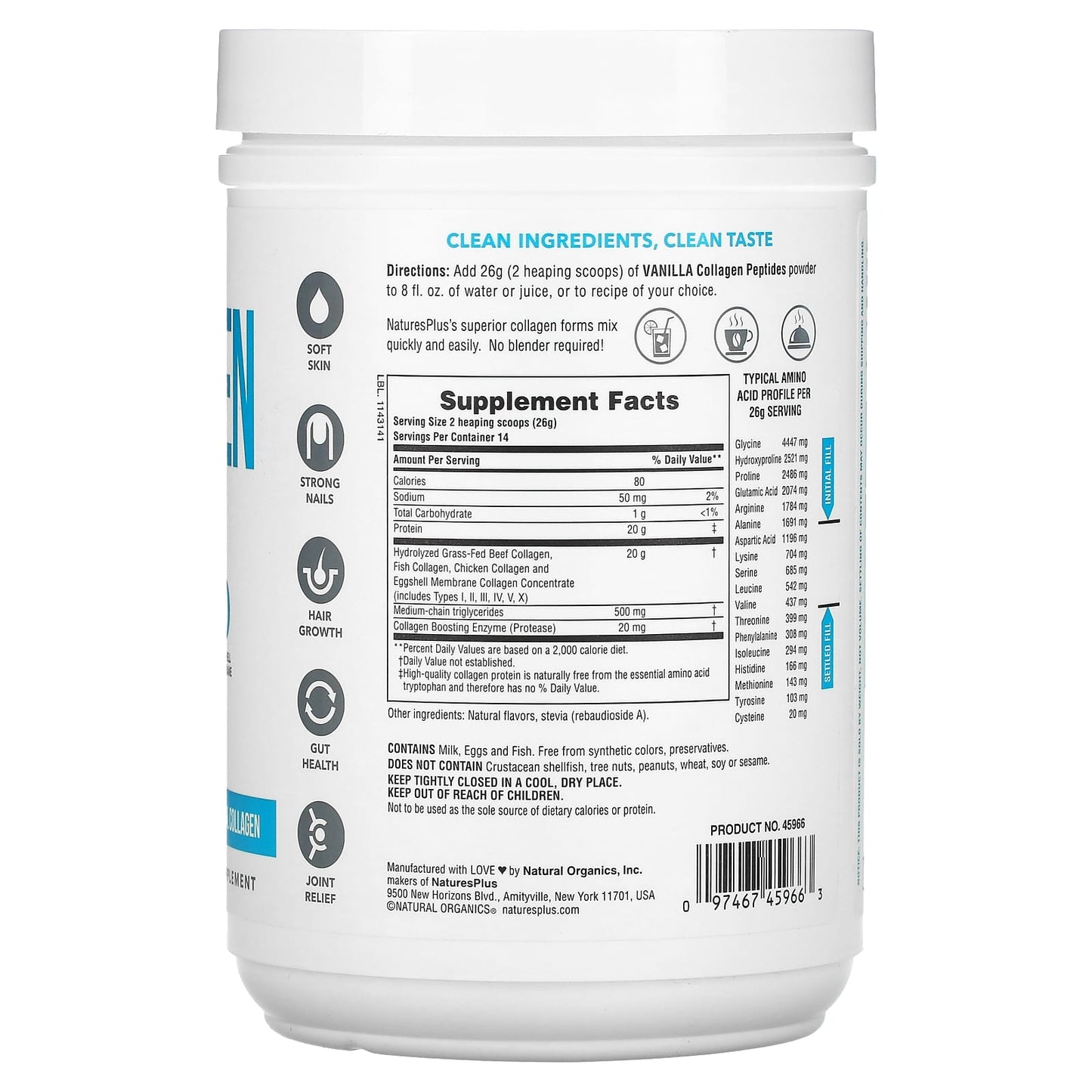 Nature's Plus, Collagen Peptides, Vanilla, 0.8 lb (364 g) UPC 097467459663 | Hilife Vitamins