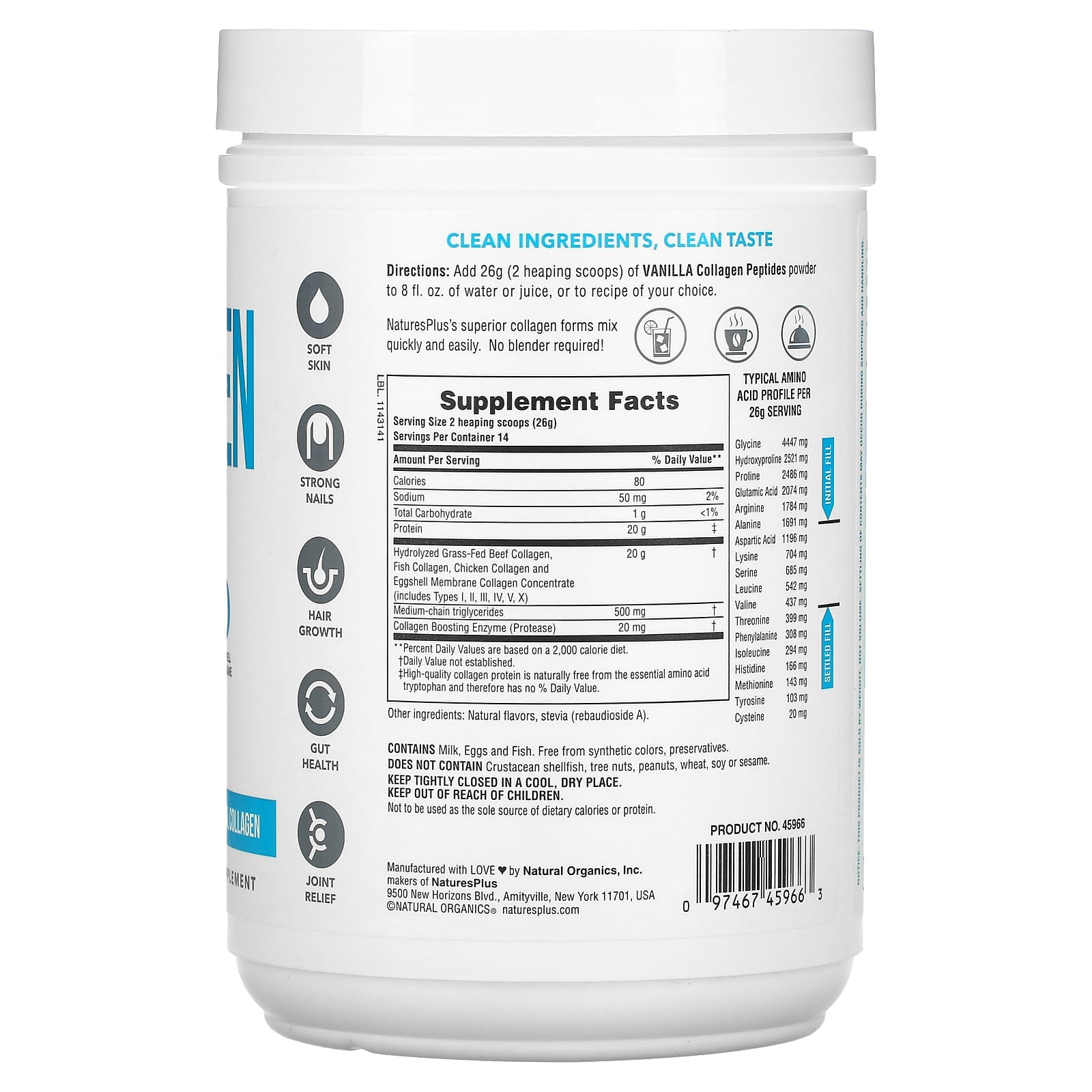Nature's Plus, Collagen Peptides, Vanilla, 0.8 lb (364 g) UPC 097467459663 | Hilife Vitamins