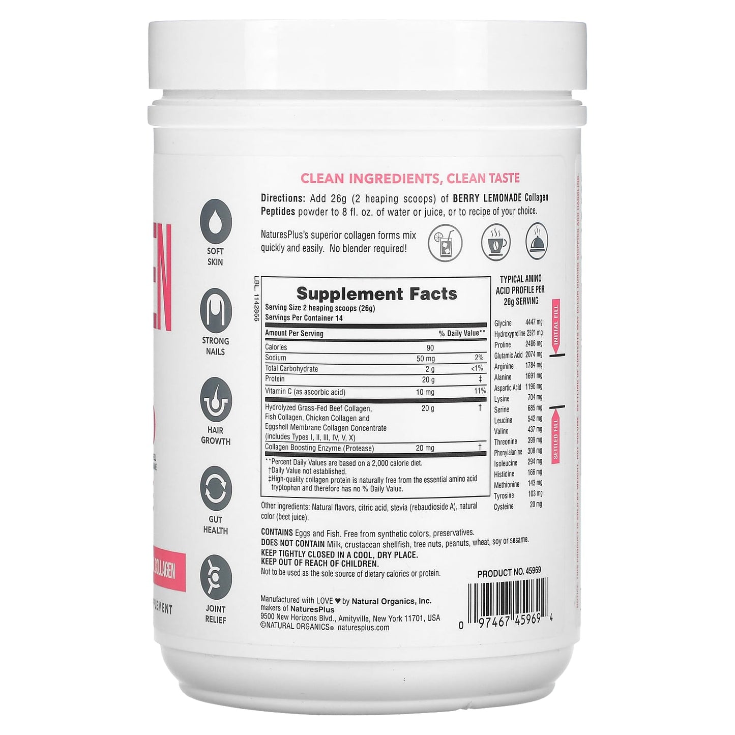 Nature's Plus, Collagen Peptides, Berry Lemonade, 0.8 lbs (364 g) UPC 097467459694 | Hilife Vitamins