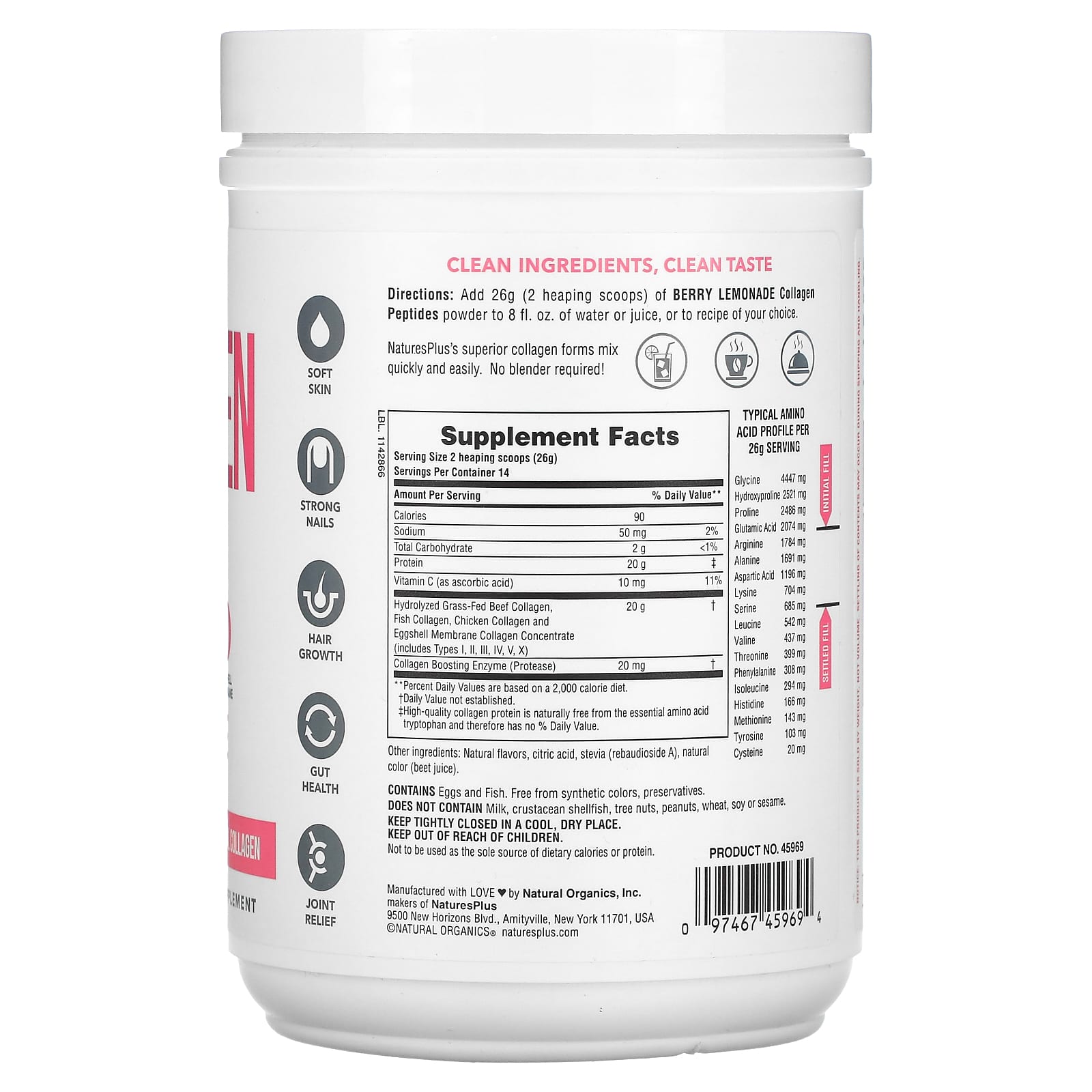 Nature's Plus, Collagen Peptides, Berry Lemonade, 0.8 lbs (364 g) UPC 097467459694 | Hilife Vitamins