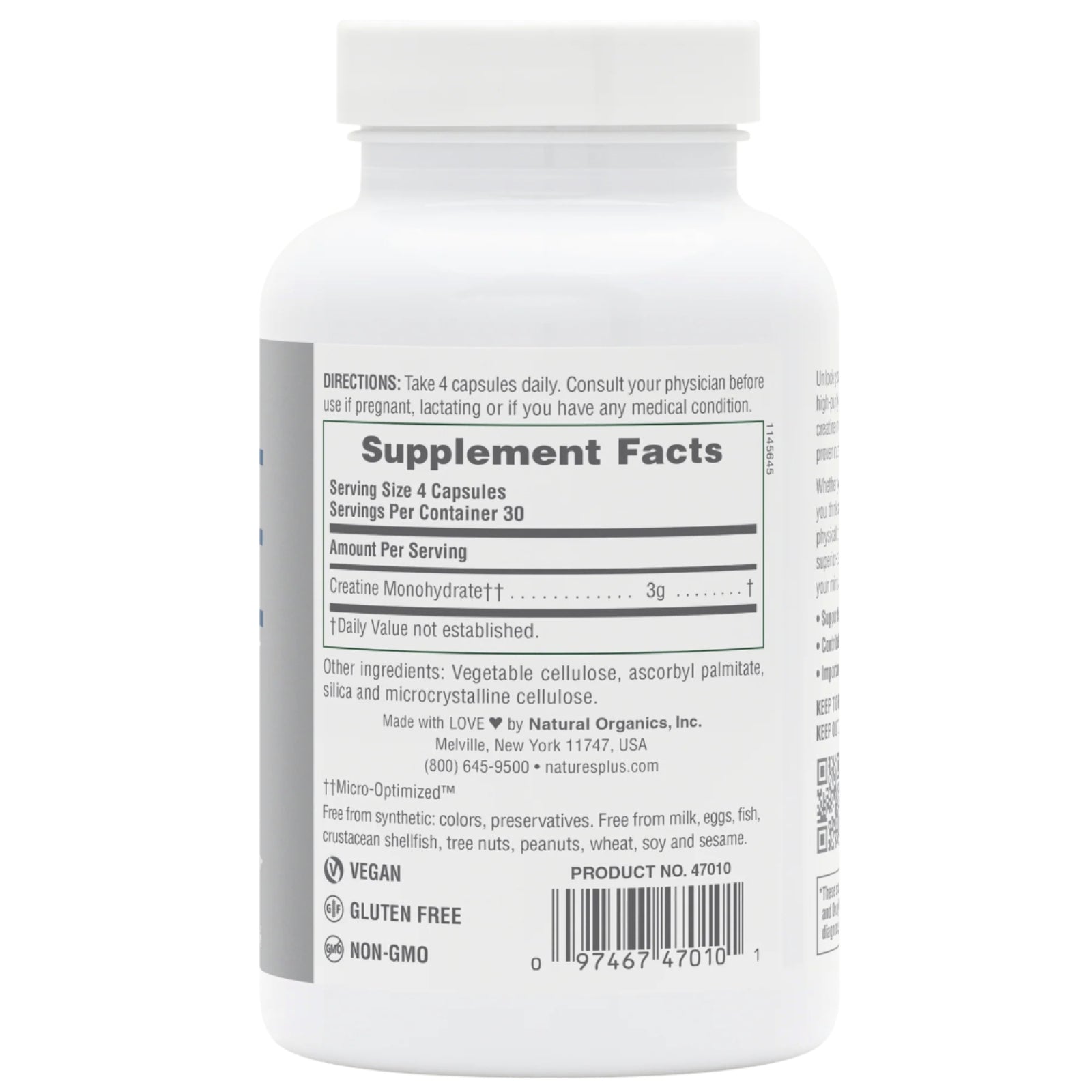 Nature’s Plus, Creatine Micro-Optimized™, 120 Capsules UPC 097467470101 | HiLife Vitamins