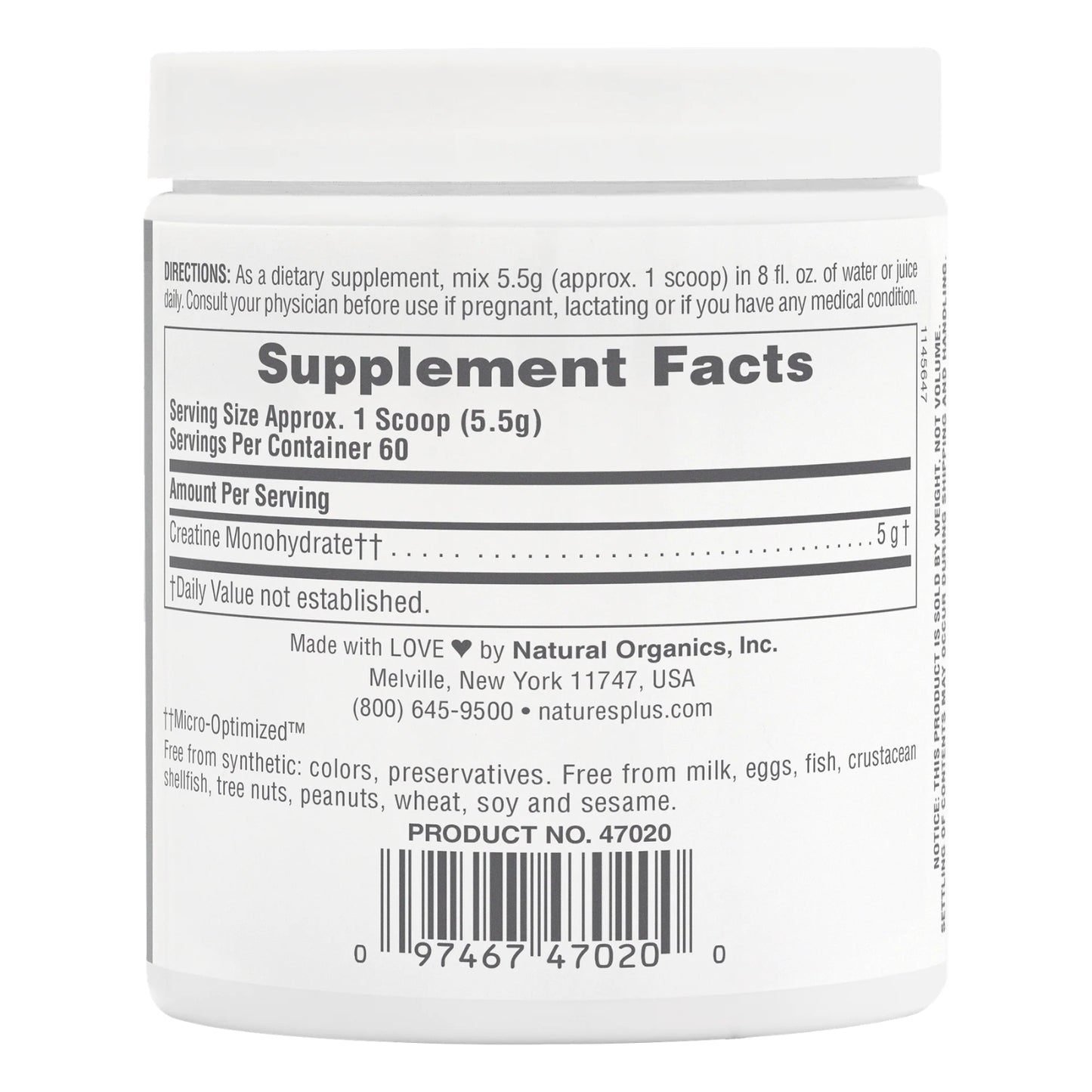 Nature’s Plus, Creatine Micro-Optimized™ Powder, 0.73 lb (330g) UPC 097467470200 | HiLife Vitamins