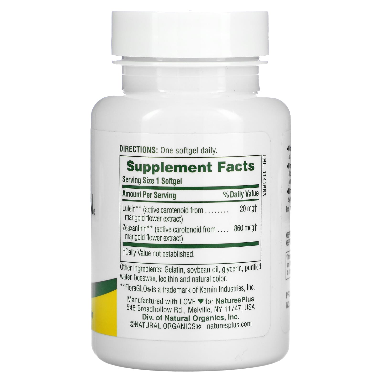 Nature's Plus, Ultra Lutein with Zeaxanthin, 20 mg, 60 Softgels UPC 097467492653 | Hilife Vitamins