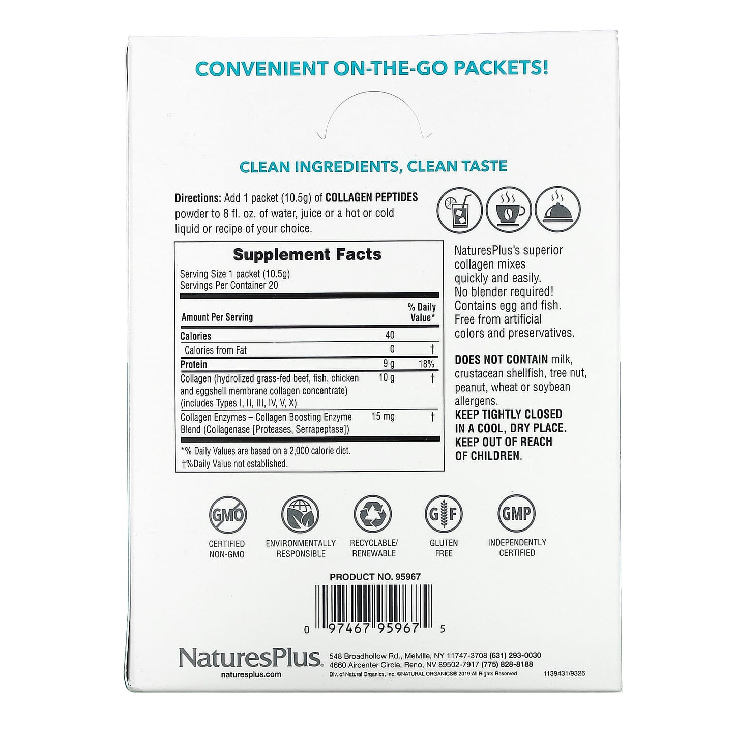 Nature's Plus, Collagen Peptides, 20 Stick Packets, 0.37 oz. (10.5 g) Each UPC 097467959675 | Hilife Vitamins