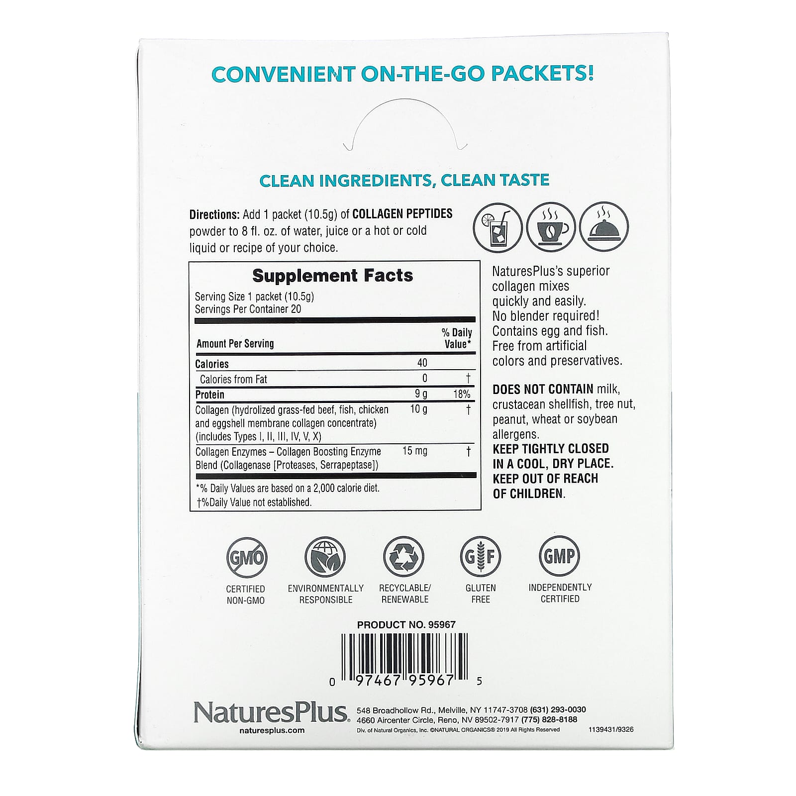 Nature's Plus, Collagen Peptides, 20 Stick Packets, 0.37 oz. (10.5 g) Each UPC 097467959675 | Hilife Vitamins