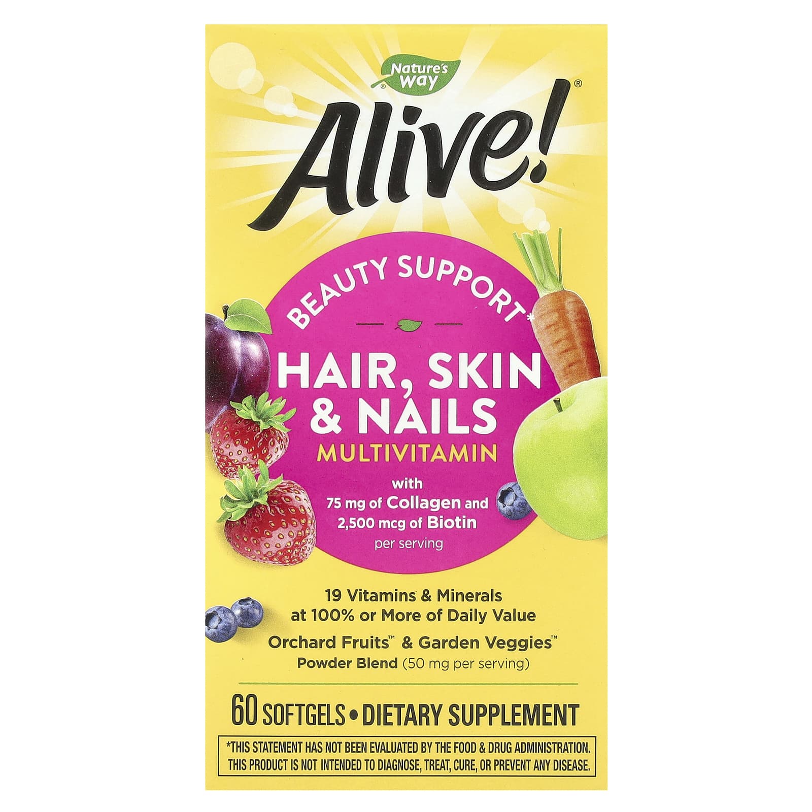 Nature’s Way, Alive! Hair, Skin & Nails Multi-Vitamin, Strawberry, 60 Softgels UPC 033674110942 | Hilife Vitamins