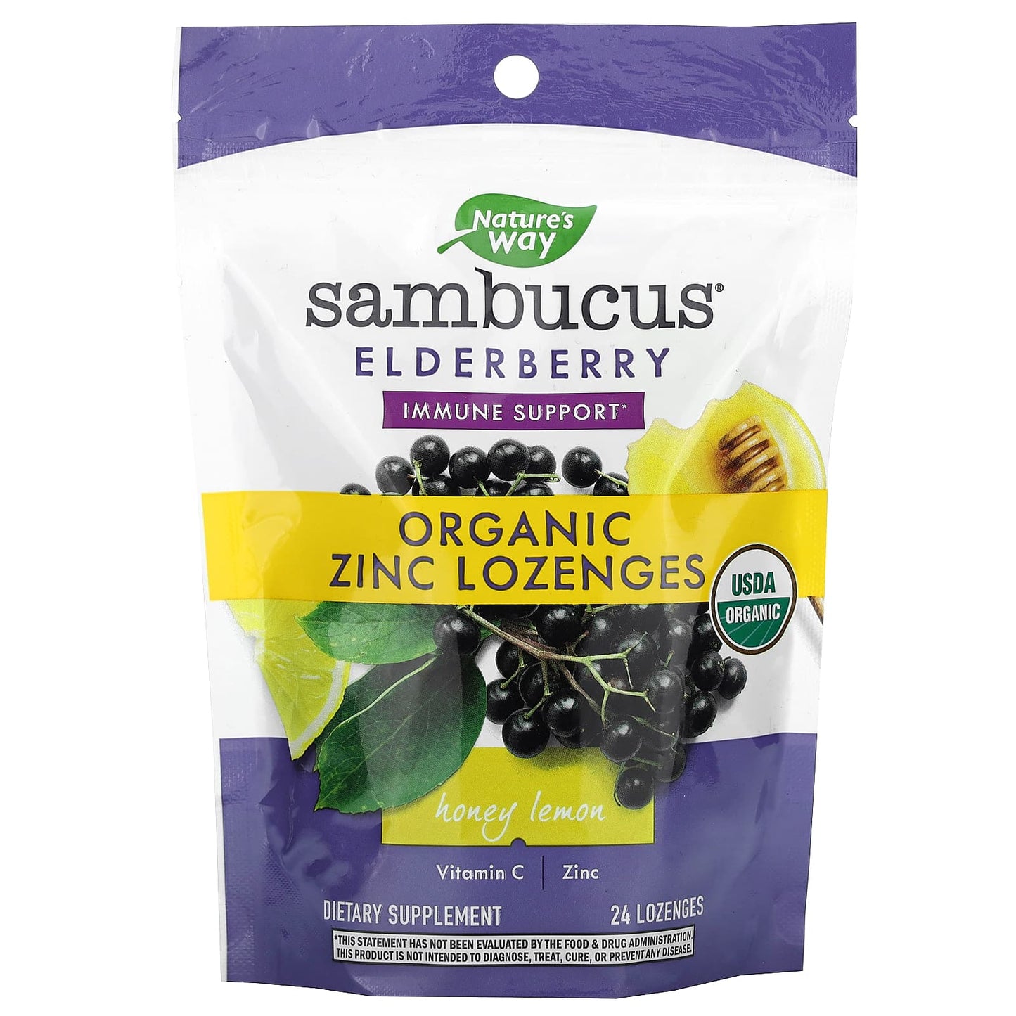 Nature’s Way, Sambucus Zinc Lozenges Honey Lemon Flavor, 24 Lozenges UPC 033674120897 | Hilife Vitamins