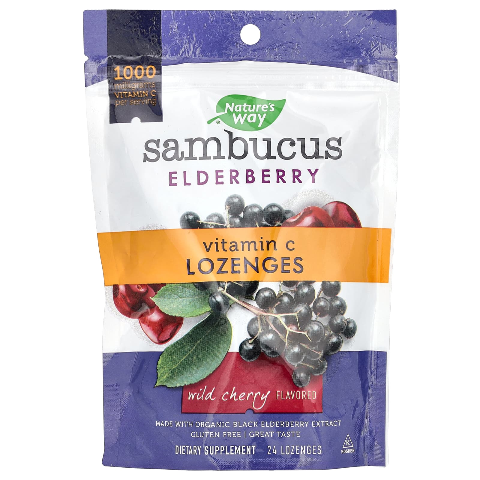 Nature’s Way, Sambucus Elderberry Vitamin C Wild Cherry Flavored Lozenges, 24 Lozenges UPC 033674127094 | Hilife Vitamins
