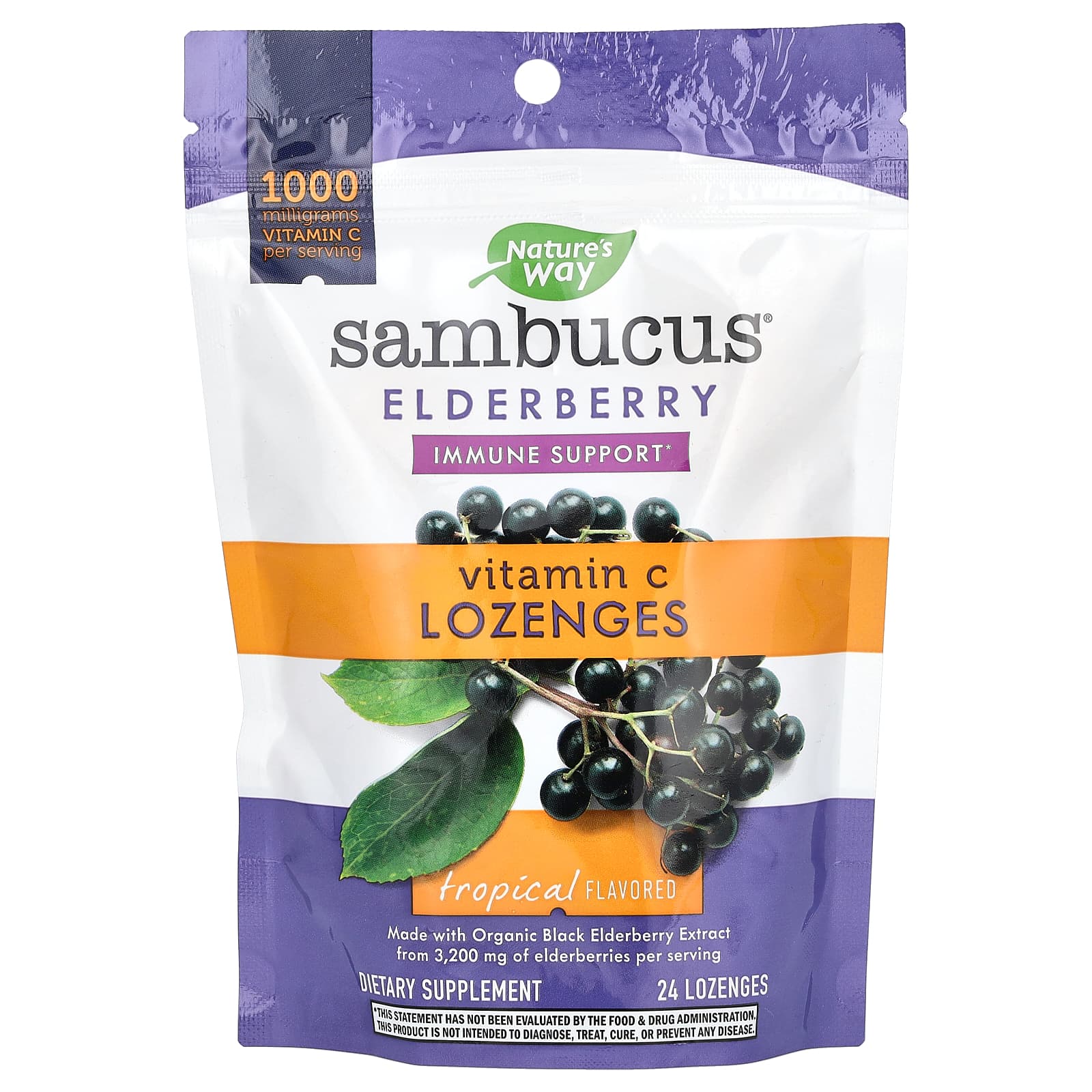 Nature’s Way, Sambucus Elderberry Vitamin C Tropical Flavored, 24 Lozenges UPC 033674129630 | Hilife Vitamins