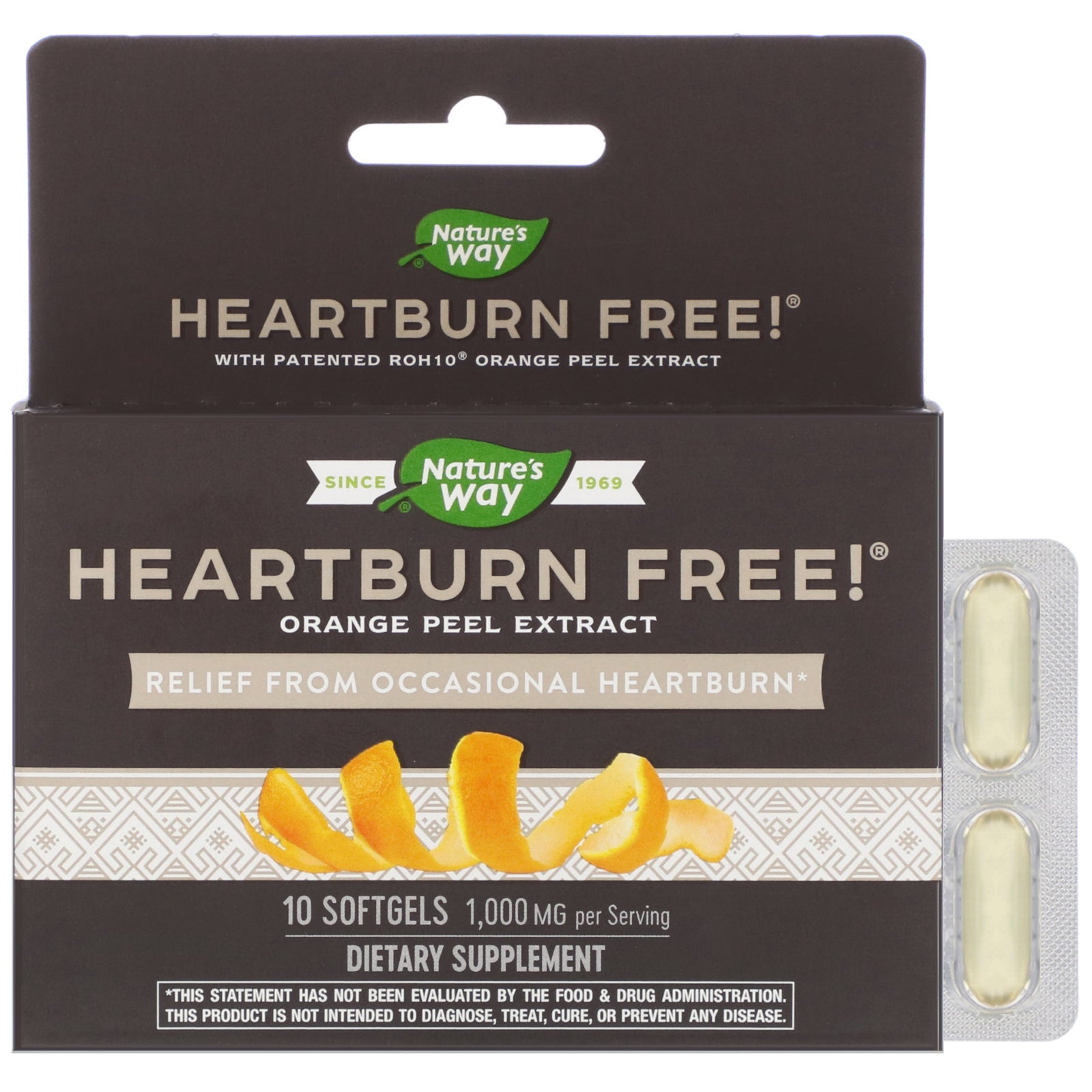 Nature’s Way, Heartburn Free 1000 mg Orange Peel Ext., 10 Softgels UPC 763948091102 | Hilife Vitamins