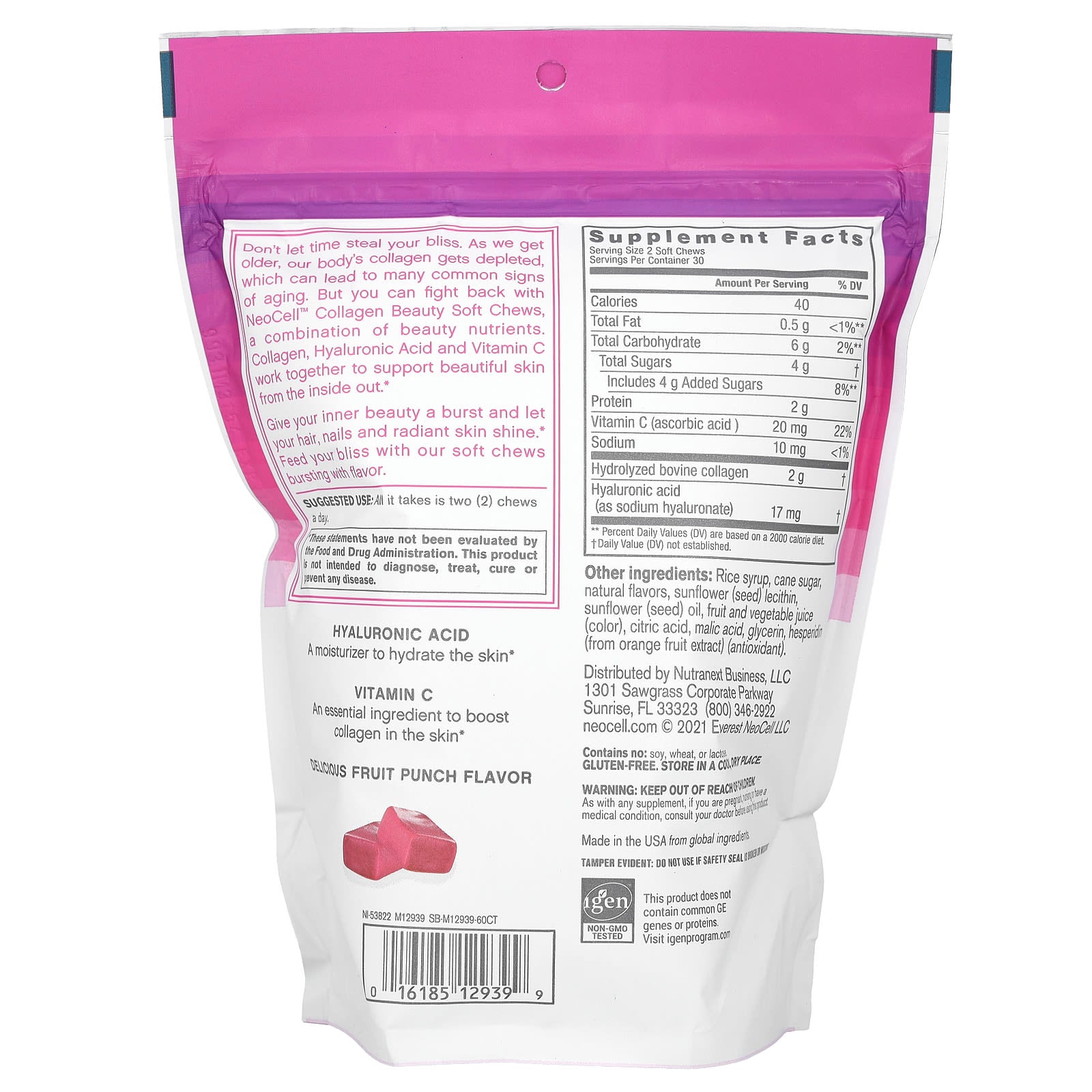 Neocell Laboratories, Collagen Beauty Soft Chews, Fruit Punch, 2 g, 60 Soft Chews UPC 016185129399 | HiLife Vitamins