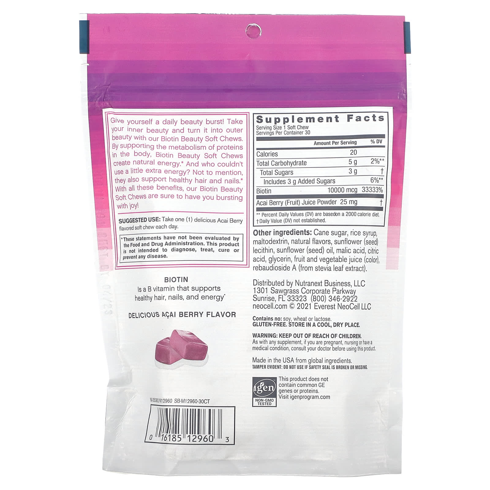 Neocell Laboratories, Biotin Beauty Soft Chews, Acai Berry , 10,000 mcg, 30 Soft Chews UPC 016185129603 | HiLife Vitamins