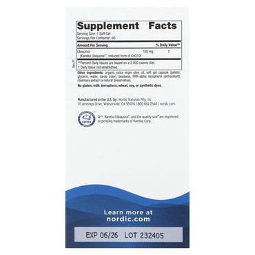 Nordic Naturals, CoQ10 Ubiquinol, 100 mg, 60 Softgels UPC 768990015007 | HiLife Vitamins