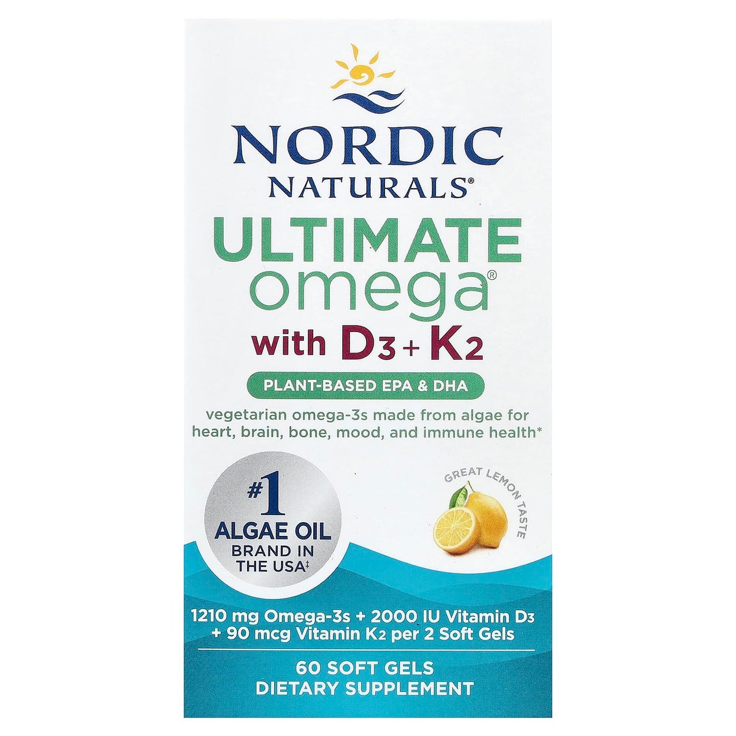 Nordic Naturals, Ultimate Omega®, Plant-Based With D3 + K2, Lemon, 60 Soft Gels - 768990016134 | Hilife Vitamins