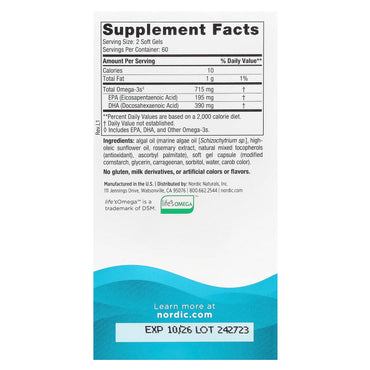Nordic Naturals, Algae Omega, 715 mg, 120 Softgels UPC 768990016189 | HiLife Vitamins