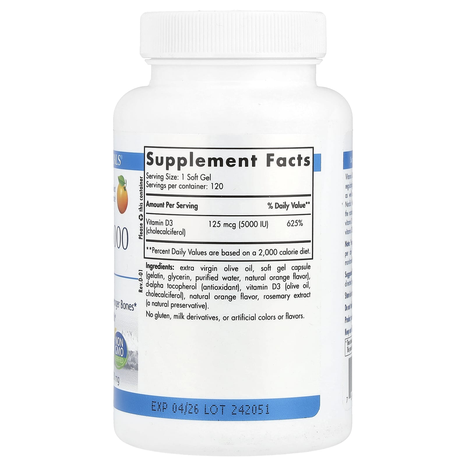 Nordic Naturals, Vitamin D3 5000, Orange, 5,000 IU, 120 Softgels UPC 768990016196 | HiLife Vitamins