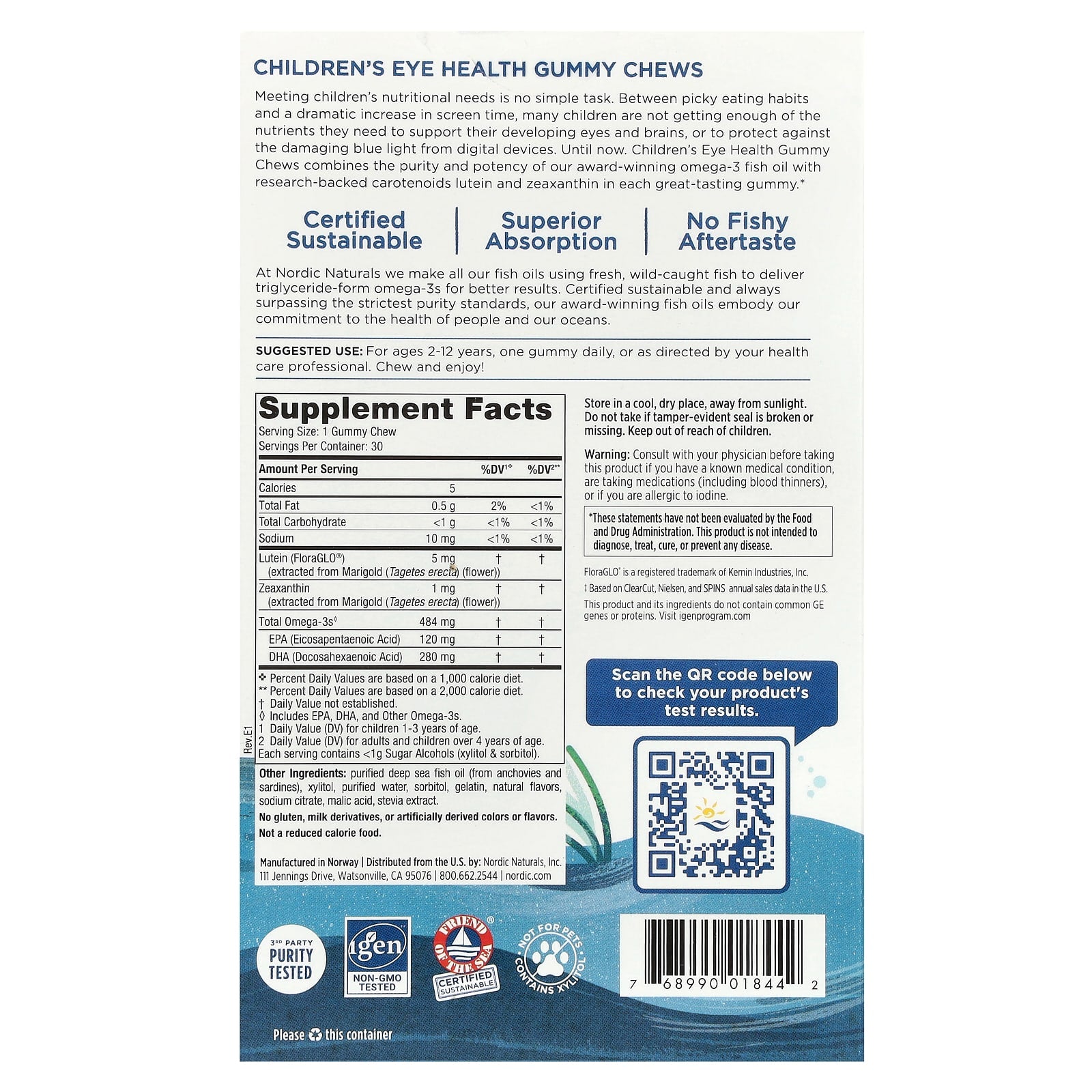 Nordic Naturals, Zero Sugar Children's Eye Health Gummy Chews, 30 Chews UPC 768990018442 | HiLife Vitamins