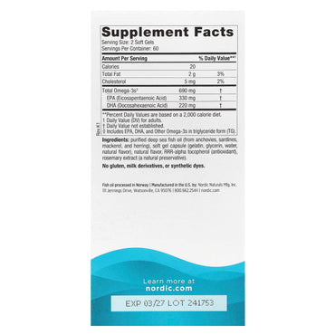 Nordic Naturals, Omega-3, Great Lemon, 690 mg, 120 Softgels UPC 768990027604 | HiLife Vitamins
