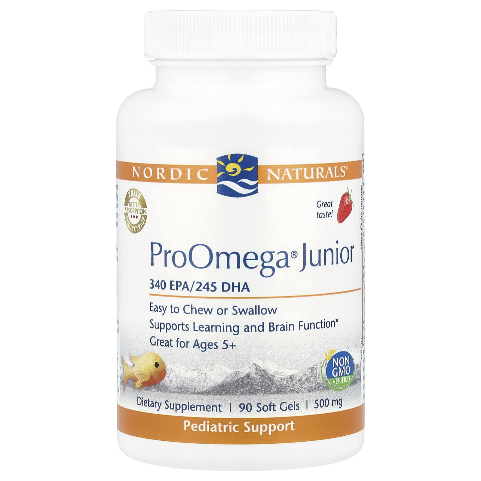 Nordic Naturals, ProOmega® Junior, Ages 5+, Strawberry, 680 mg, 90 Soft Gels (340 mg per Softgel ) UPC 768990071003 | HiLife Vitamins