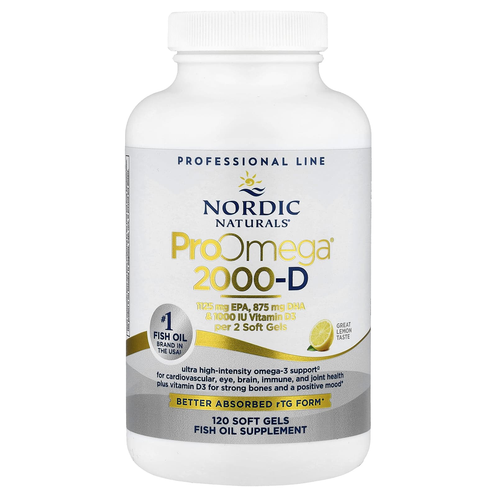 Nordic Naturals, ProOmega 2000-D, Lemon, 120 Soft Gels (625 mg per Soft Gel) UPC 768990121357 | HiLife Vitamins
