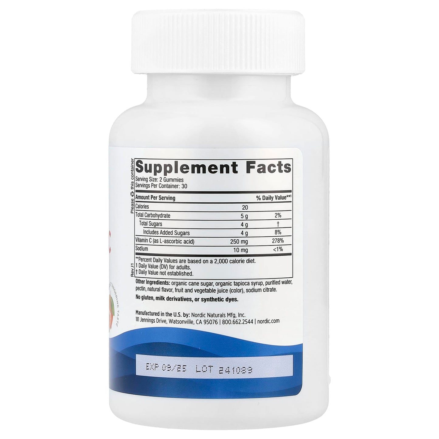 Nordic Naturals, Vitamin C Gummies, Tangerine, 250 mg, 60 Gummies UPC 768990301605 | HiLife Vitamins