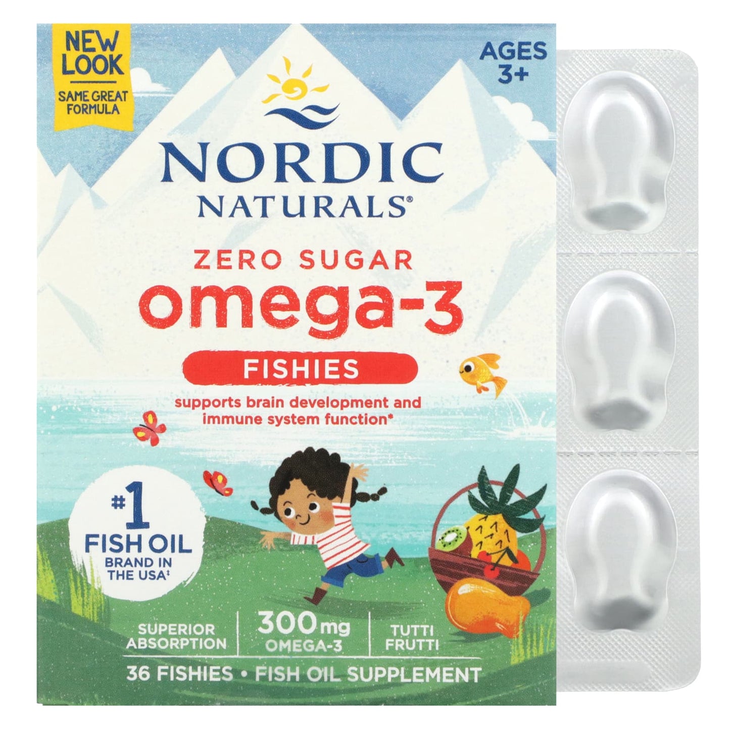Nordic Naturals, Omega-3 Fishies, Zero Sugar, Ages 3+, Tutti Frutti, 300 mg, 36 Fishies UPC 768990311307 | HiLife Vitamins
