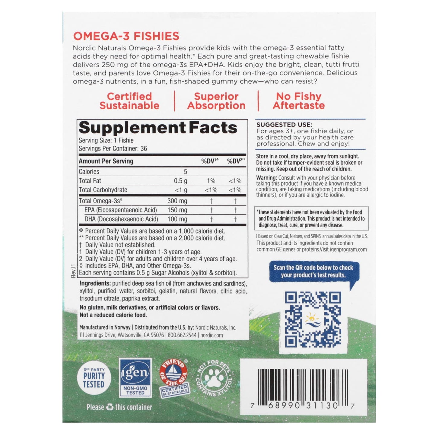 Nordic Naturals, Omega-3 Fishies, Zero Sugar, Ages 3+, Tutti Frutti, 300 mg, 36 Fishies UPC 768990311307 | HiLife Vitamins