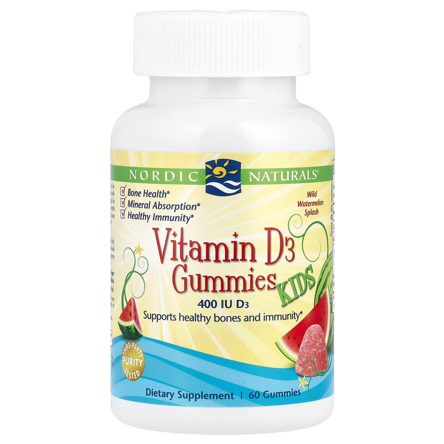 Nordic Naturals, Kids Vitamin D3 Gummies, Wild Watermelon Splash, 400 IU, 60 Gummies UPC 768990311437 | HiLife Vitamins
