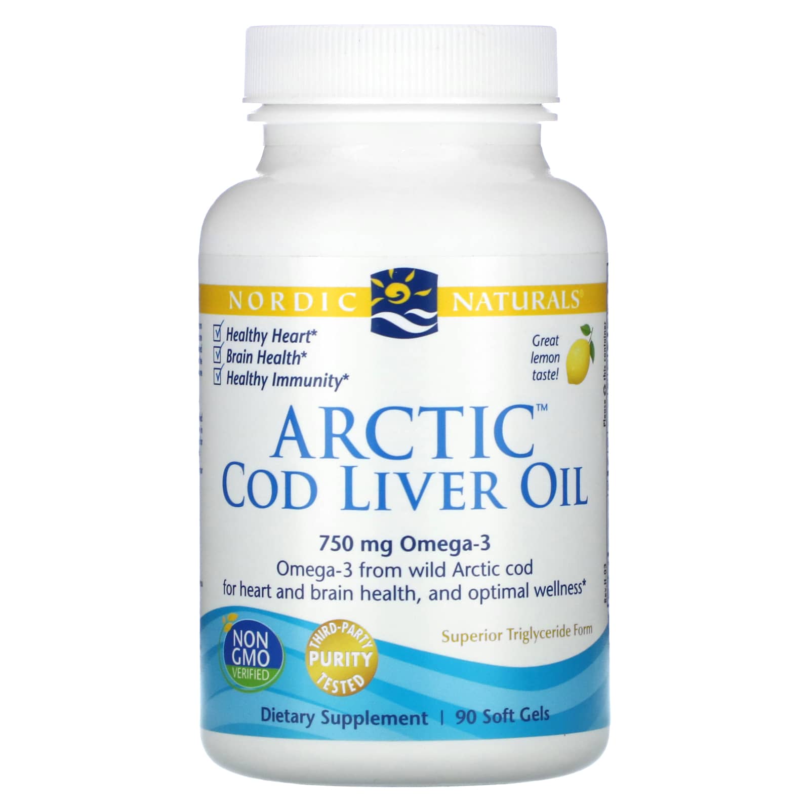 Nordic Naturals, Arctic Cod Liver Oil, Lemon, 750 mg, 90 Softgels UPC 768990577857 | HiLife Vitamins
