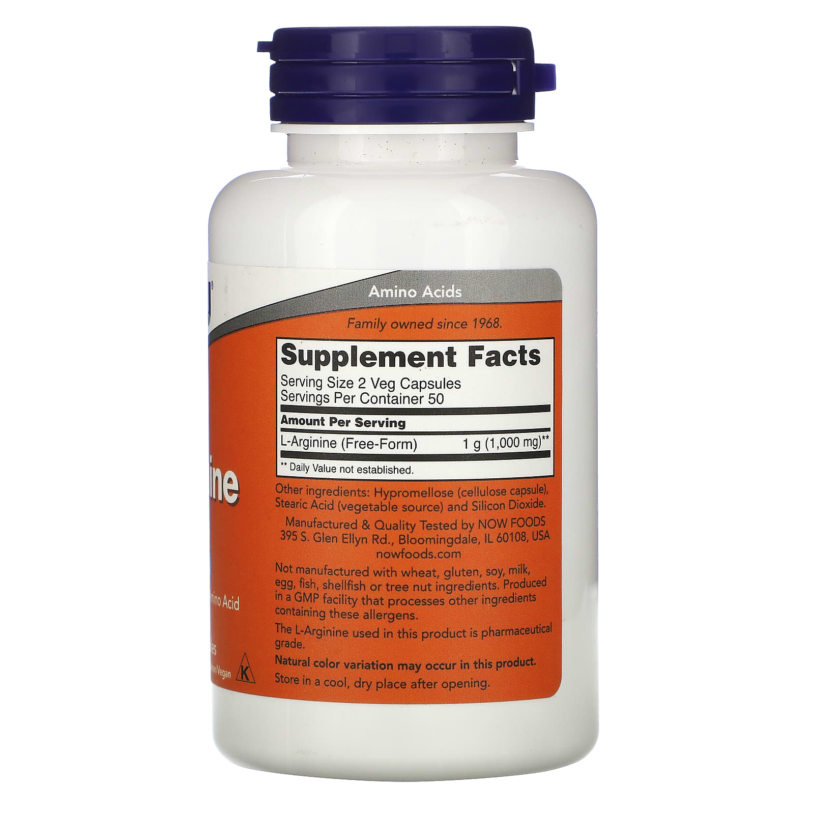 Now Foods, Arginine 500 mg, 100 Capsules - 733739000309 | Hilife Vitamins