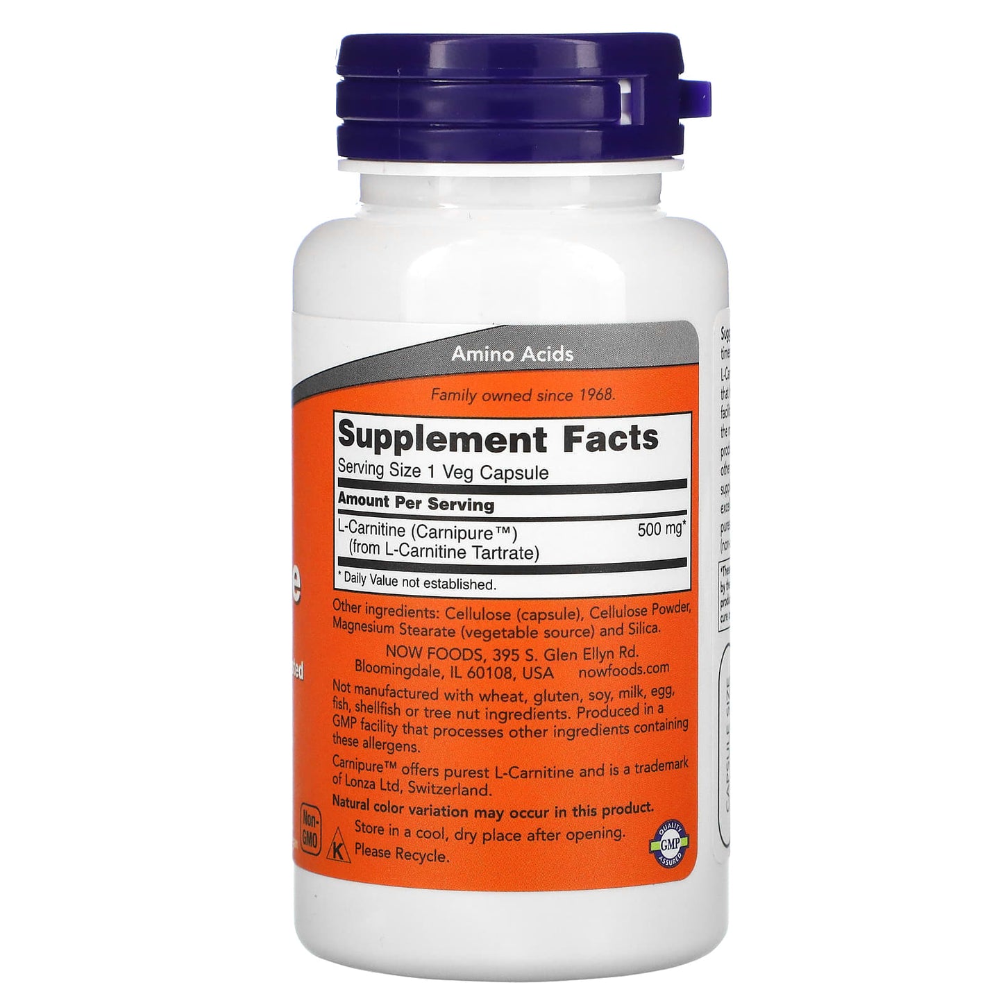 Now Foods, Carnitine 500 mg, 60 Capsules UPC 733739000729 | HiLife Vitamins
