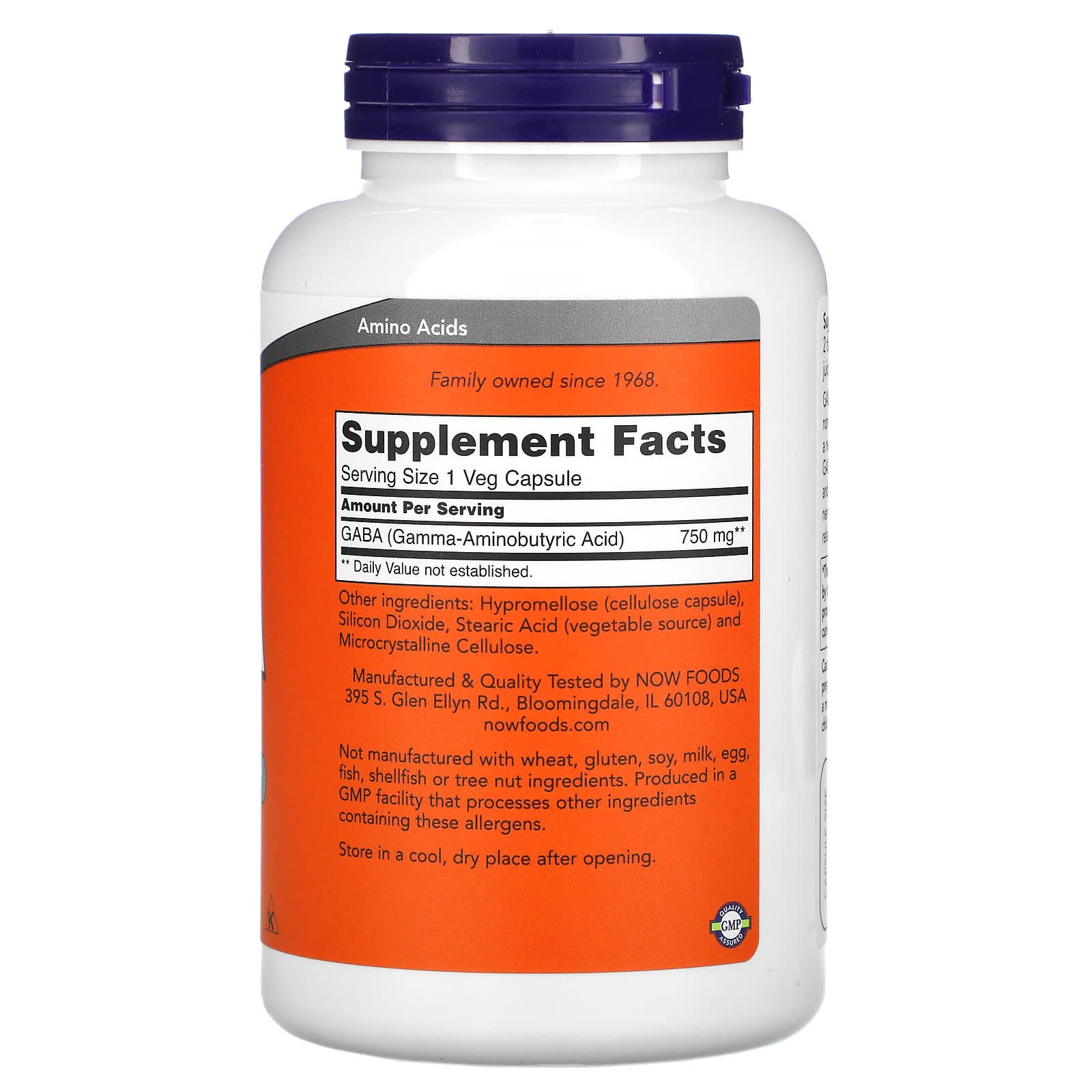 Now Foods, Gaba 750mg, 200 Vegetarian Capsules UPC 733739001290 | HiLife Vitamins
