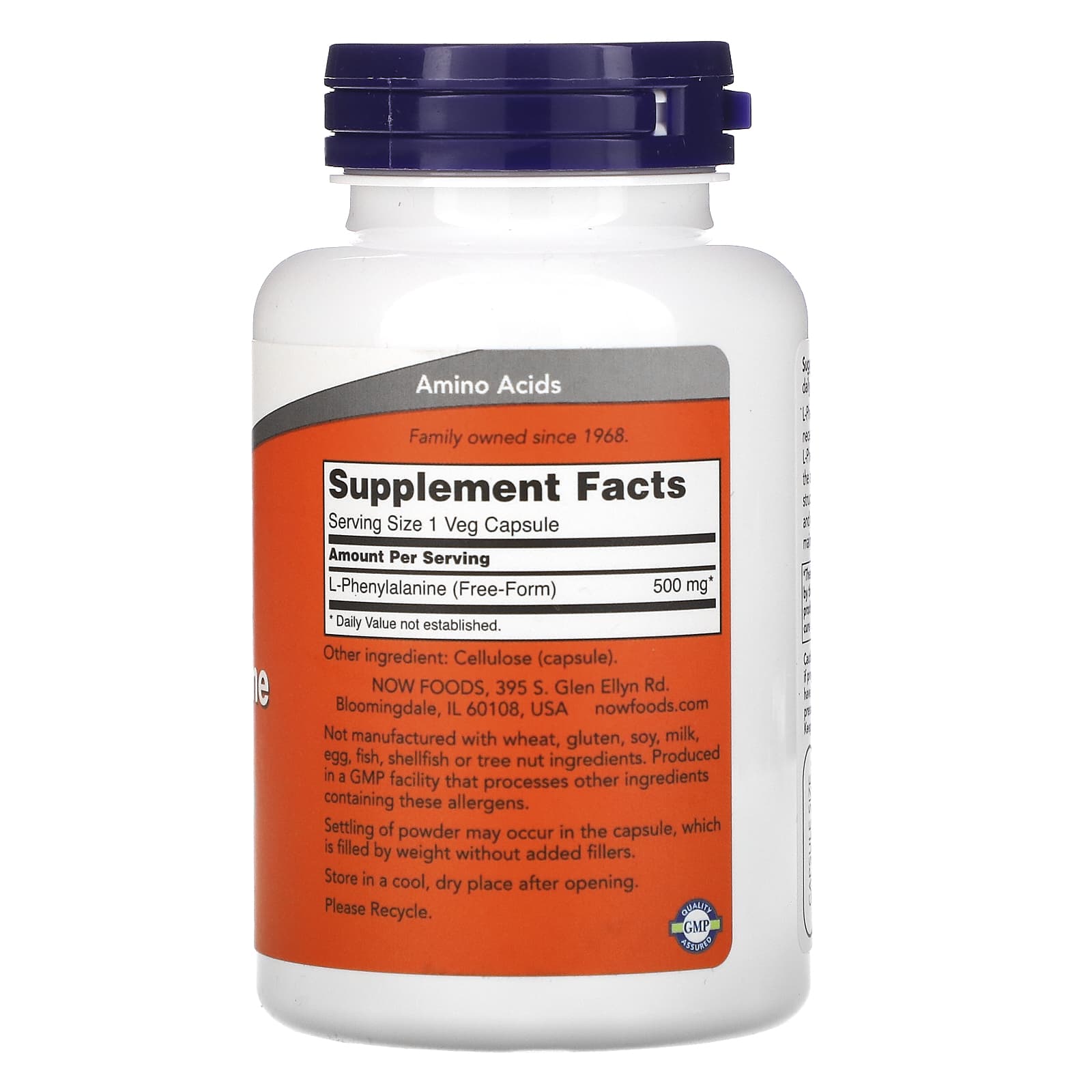 Now Foods, PHENYLALANINE 500mg, 120 Capsules UPC 733739001320 | HiLife Vitamins
