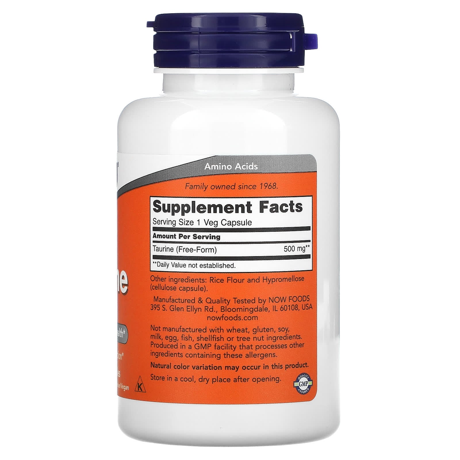 Now Foods, Taurine 500 mg, 100 Capsules UPC 733739001405 | HiLife Vitamins