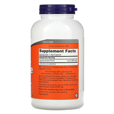 Now Foods, TAURINE 1000mg, 250 Capsules UPC 733739001436 | HiLife Vitamins