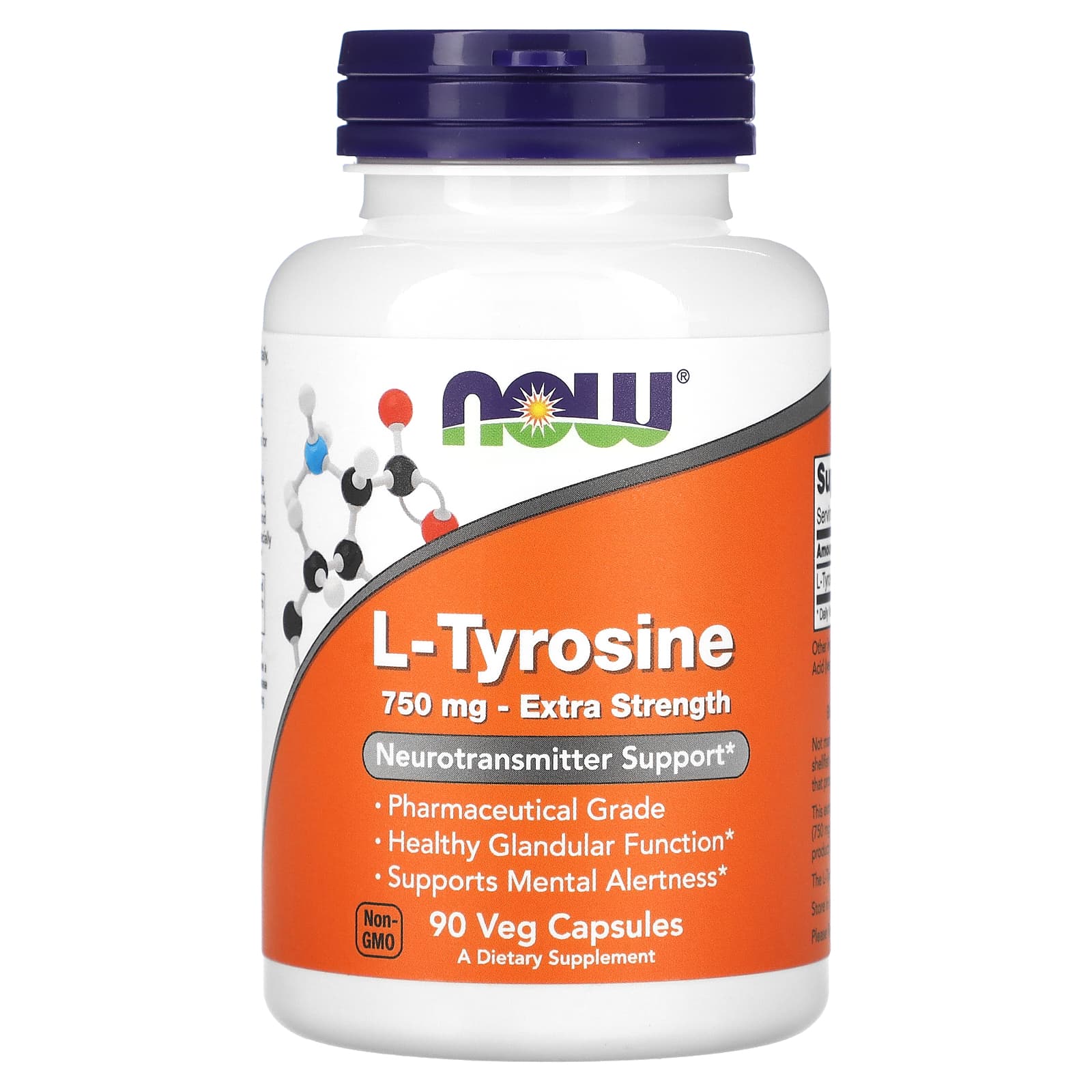 Now Foods, L-Tyrosine, Extra Strength, 750 mg, 90 Vegetarian Capsules UPC 733739001658 | HiLife Vitamins