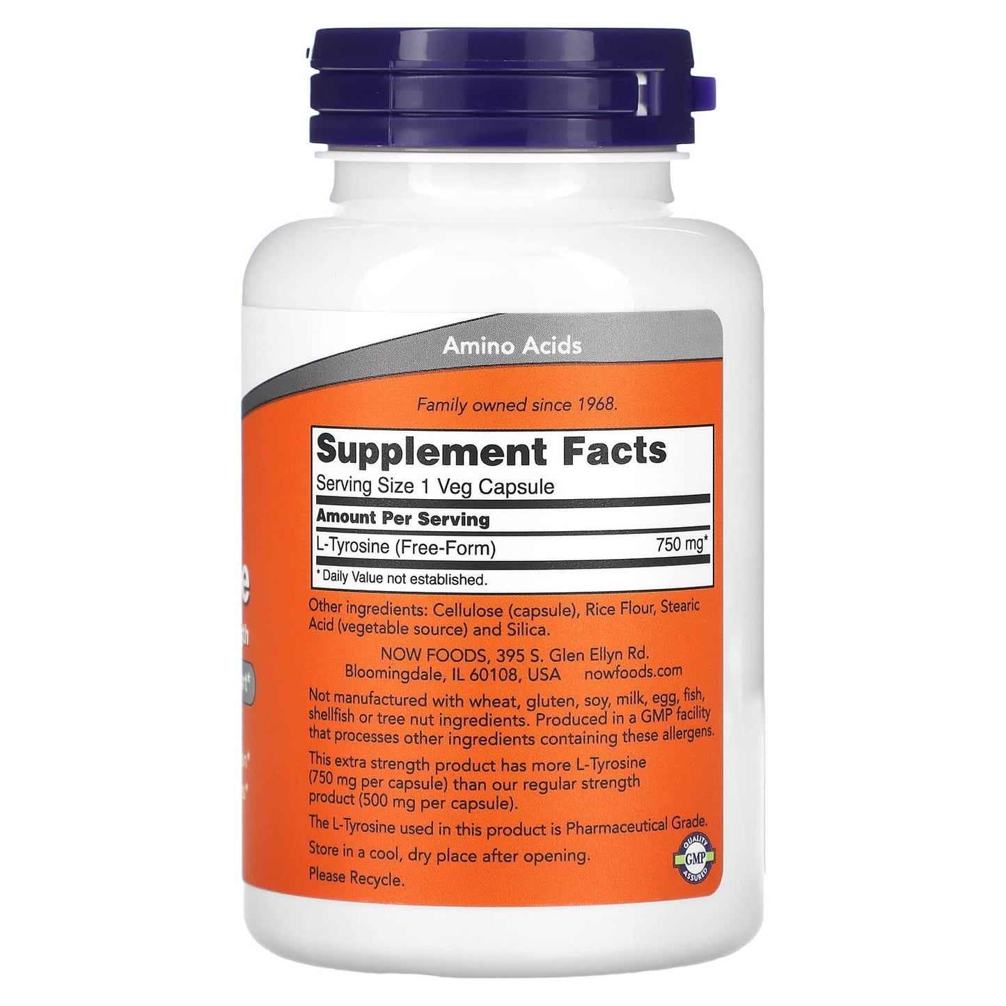 Now Foods, L-Tyrosine, Extra Strength, 750 mg, 90 Vegetarian Capsules UPC 733739001658 | HiLife Vitamins