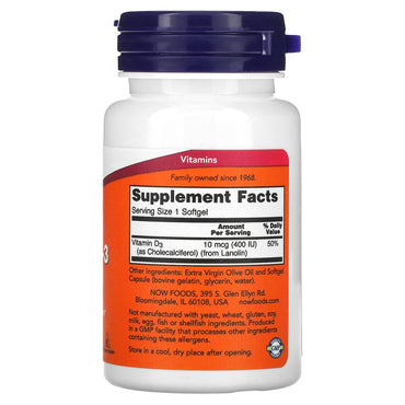 Now Foods, Vitamin D-3 400 IU, 180 Softgels UPC 733739003645 | HiLife Vitamins