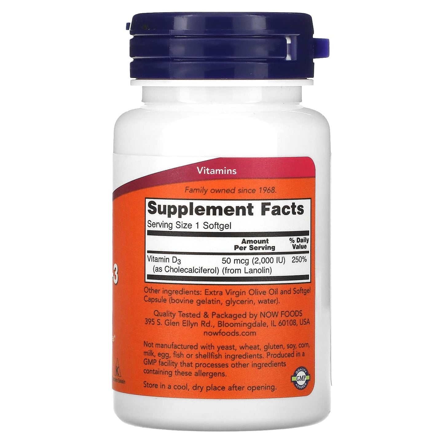 Now Foods, Vitamin D-3, High Potency, 2,000 IU, 120 Softgels UPC 733739003676 | HiLife Vitamins