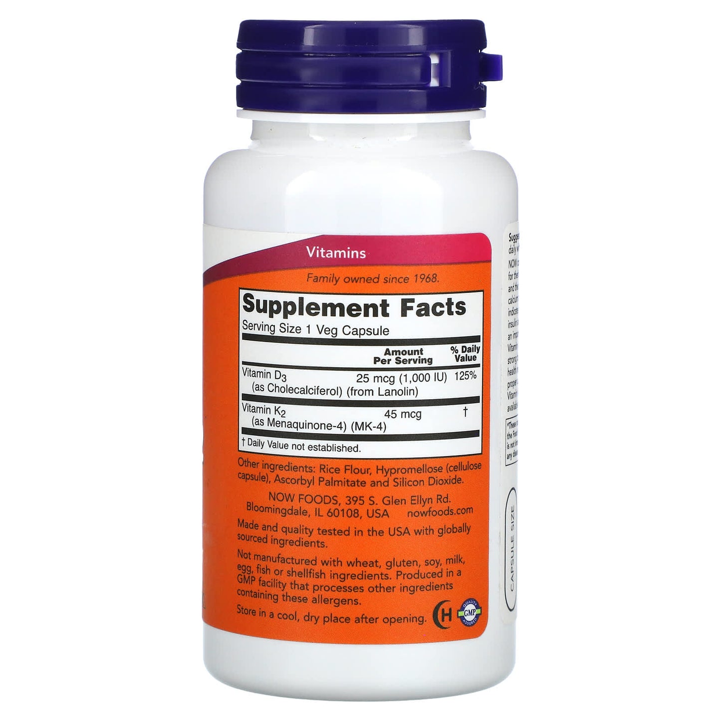 Now Foods, Vitamin D-3 & K2 45mcg 1000 IU, 120 Veg Capsules UPC 733739003690 | HiLife Vitamins