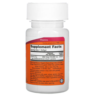 Now Foods, VIT D-3 10,000 IU, 240 SGELS UPC 733739003850 | HiLife Vitamins