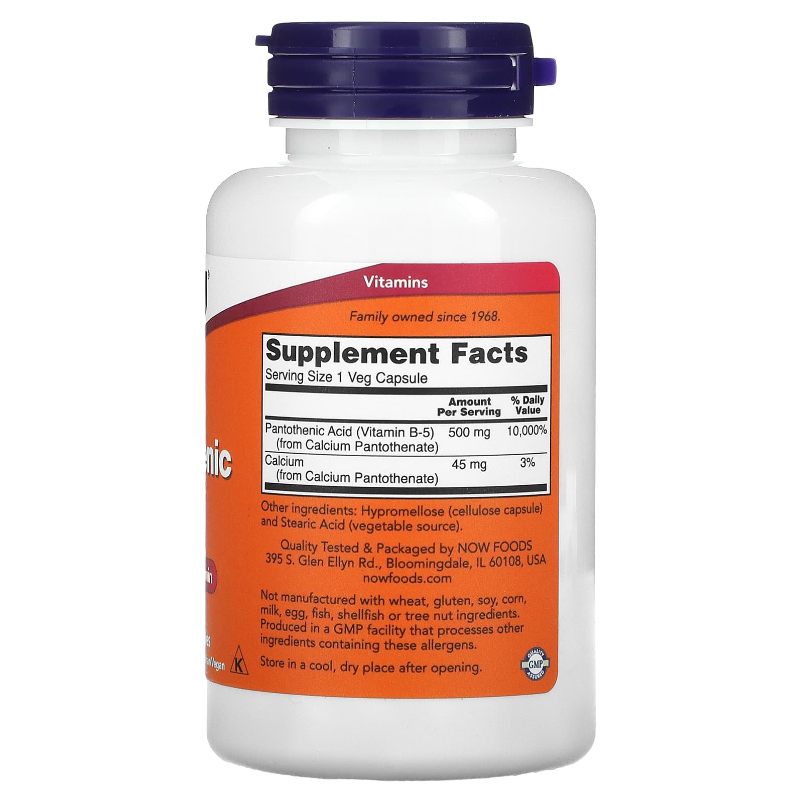 Now Foods, Panthothenic Acid 500 mg, Vitamin B-5, 100 Capsules UPC 733739004864 | HiLife Vitamins