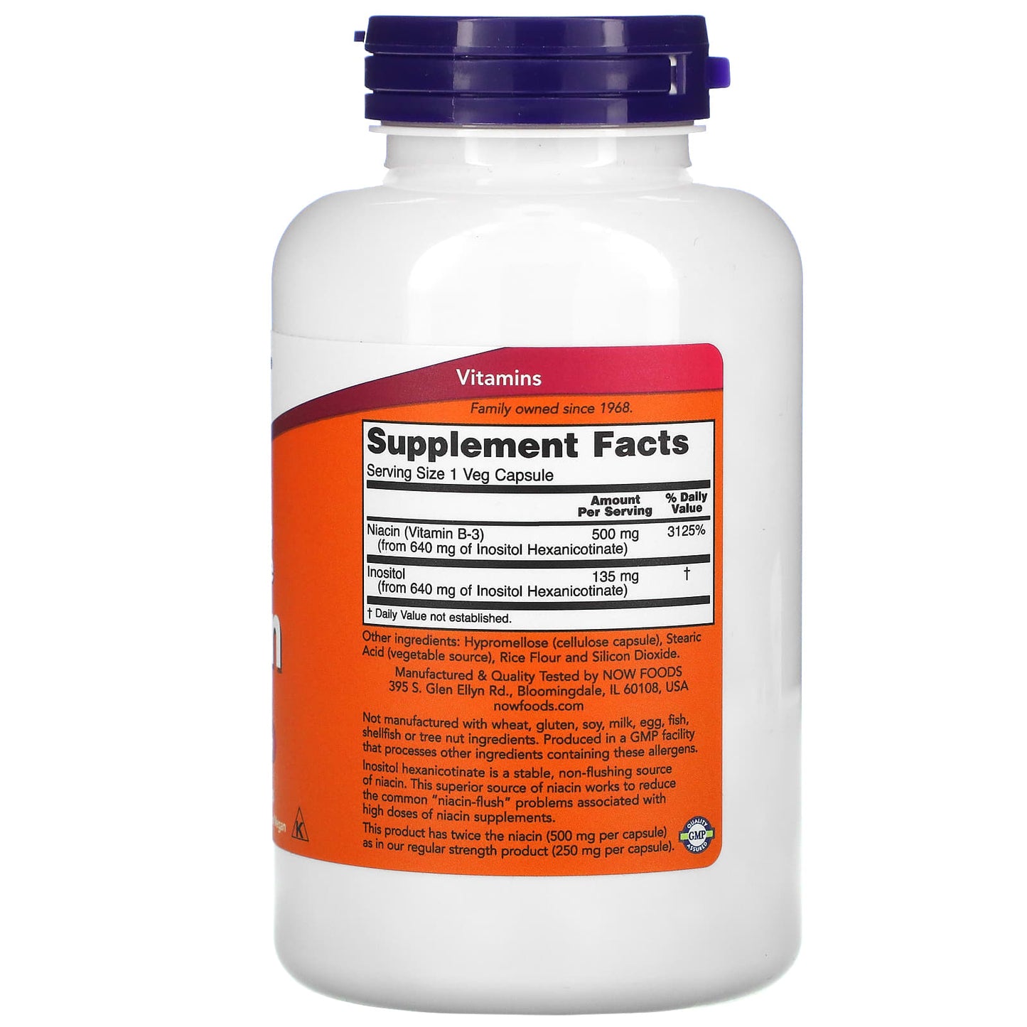 Now Foods, Niacin, Flush-Free, Double Strength, 500 mg, 180 Veg Capsules UPC 733739005007 | HiLife Vitamins