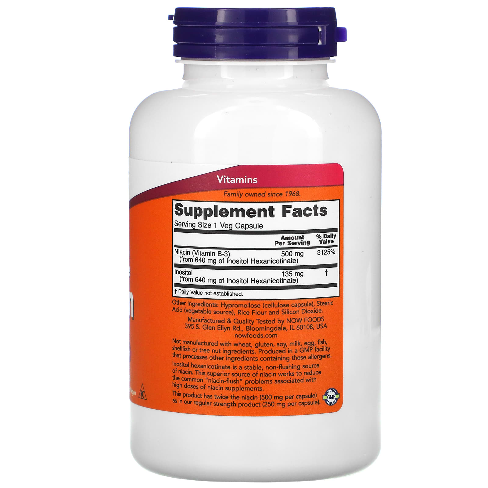 Now Foods, Niacin, Flush-Free, Double Strength, 500 mg, 180 Veg Capsules UPC 733739005007 | HiLife Vitamins